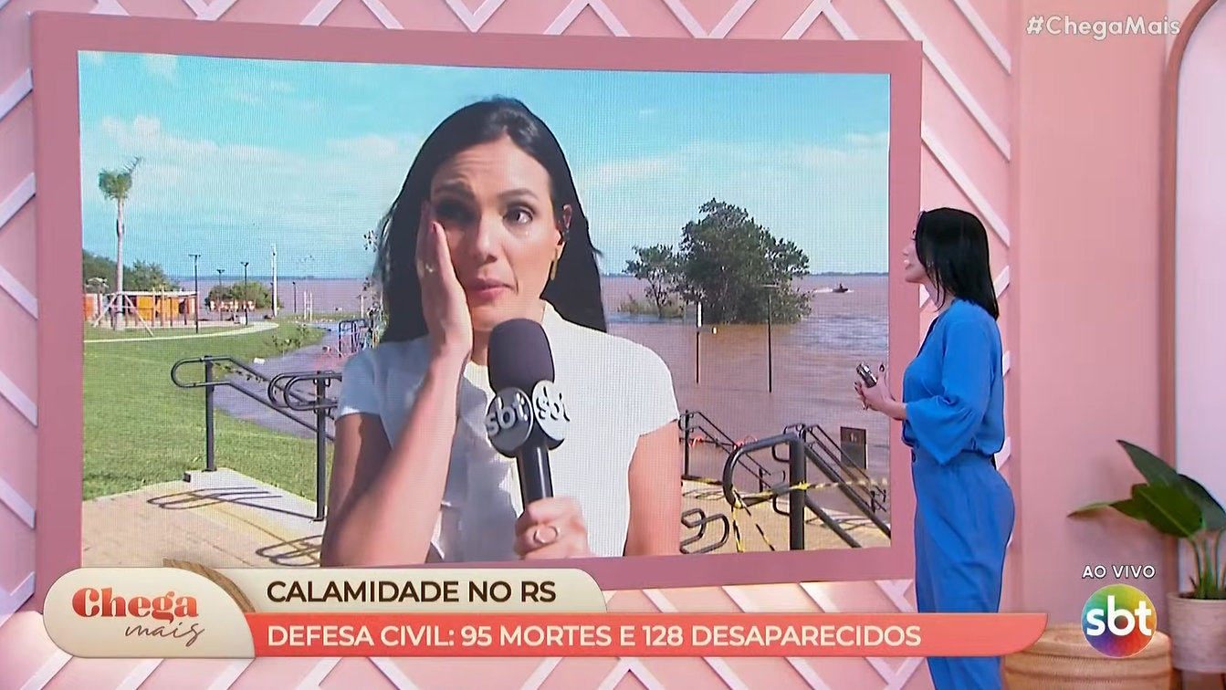 Márcia Dantas defendeu o jornalismo do SBT e caiu no choro durante entrada ao vivo no Chega Mais (Créditos: Reprodução)