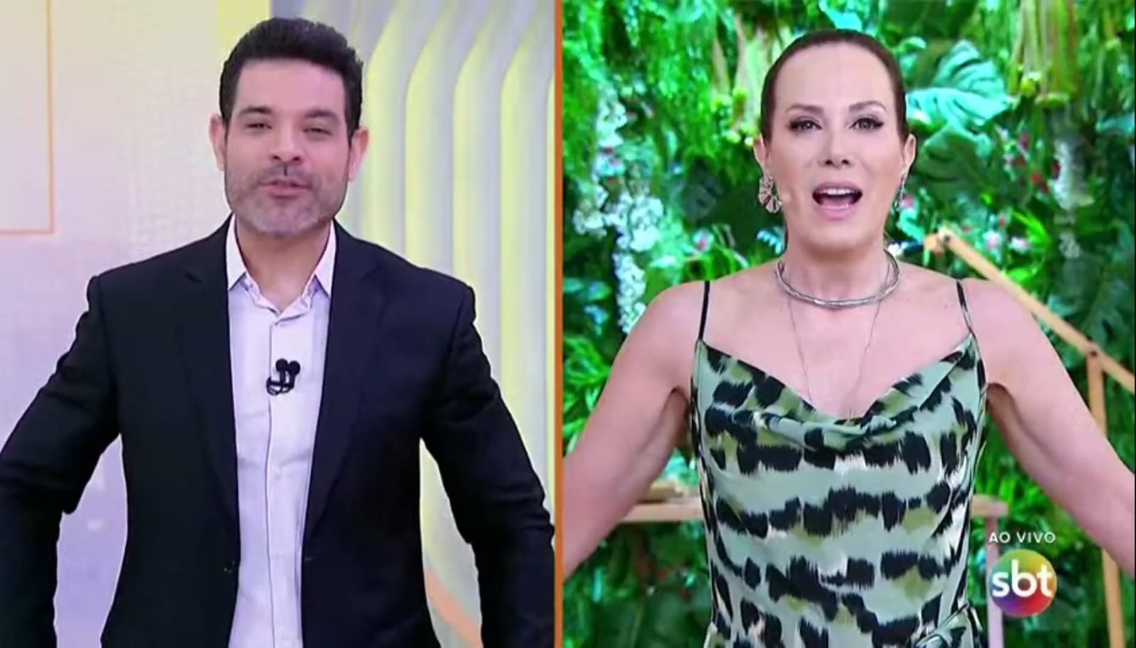 Os apresentadores Darlisson Dutra e Regina Volpato durante bate-papo ao vivo no SBT, entre o término do Primeiro Impacto e início do Chega Mais (Créditos: Reprodução)