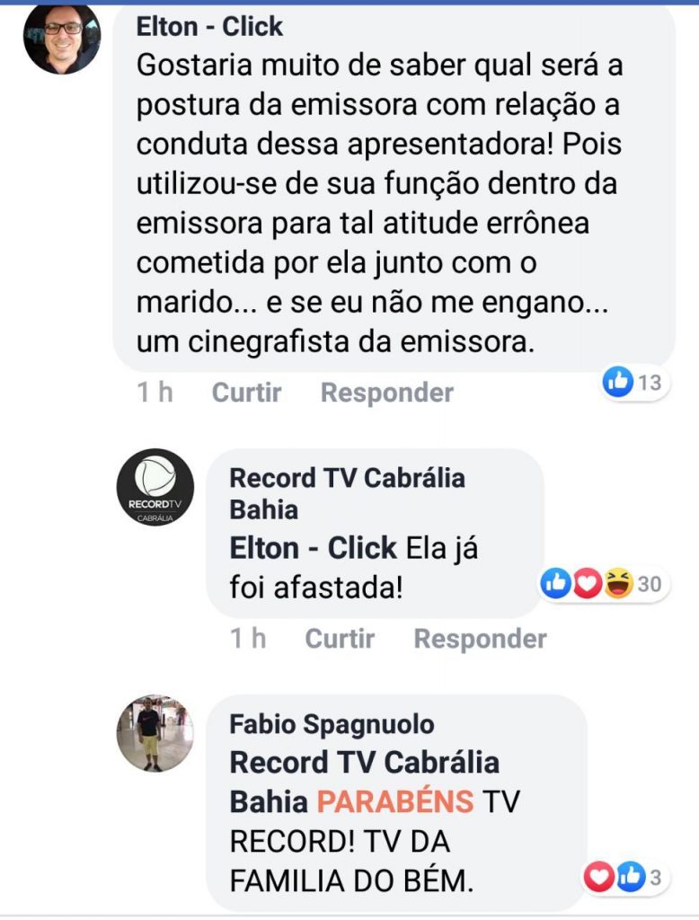 TV Cabrália (RecordTV) confirma afastamento da jornalista no Facebook (Foto: Facebook/Reprodução)