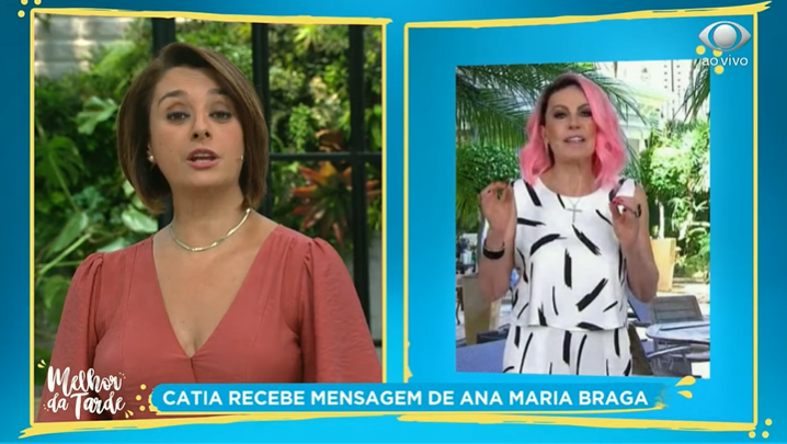Ana Maria Braga, do Mais Você na Globo, surpreendeu Catia Fonseca durante o Melhor da Tarde ao vivo na Band (Créditos: Reprodução)