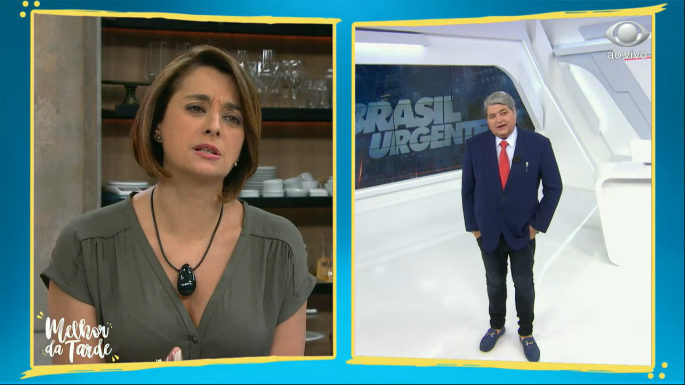 Os apresentadores Catia Fonseca e José Luiz Datena, ao vivo nas tardes da Band (Créditos: Reprodução)