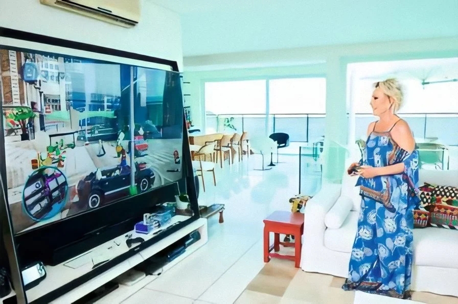 A apresentadora mantém televisão enorme para jogar (Foto: Cadu Piloto/ Caras/ Reprodução)