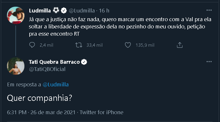 Ludmilla soltou o verbo para Val Marchiori e teve o apoio de Tati Quebra Barraco (Foto: Reprodução)