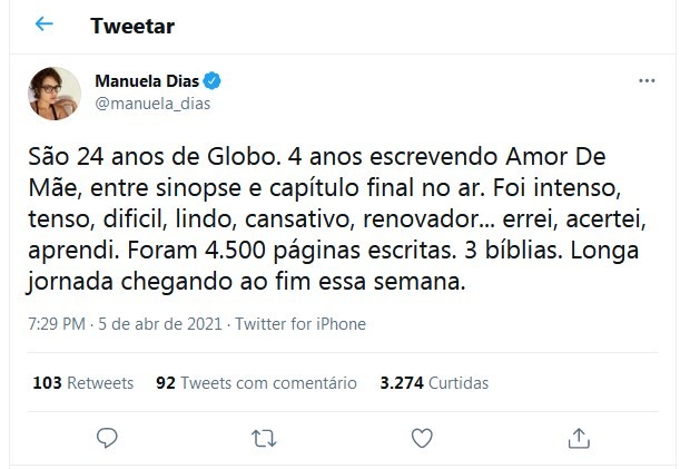 Tuíte de Manuela Dias (Foto: Reprodução)
