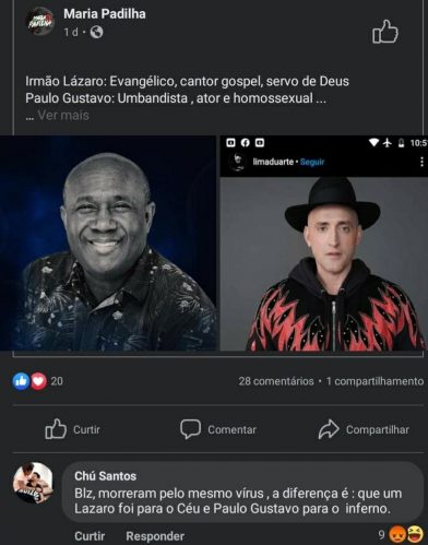 Imagem com comentário de Chú sobre morte de Paulo Gustavo (Faceook: Reprodução)