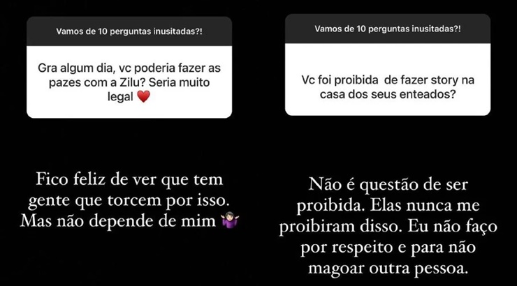 Graciele Lacerda, noiva de Zezé, falou sobre Zilu em stories (Foto: Reprodução)