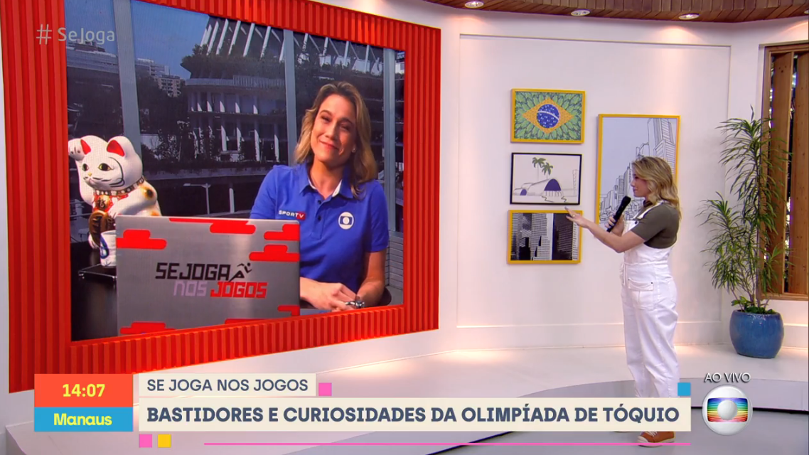 Aliás, Fernanda Gentil brincou ao fazer "chamada" ao vivo de si mesmo cobrindo as olimpíadas na Globo (Reprodução:Tv Globo)