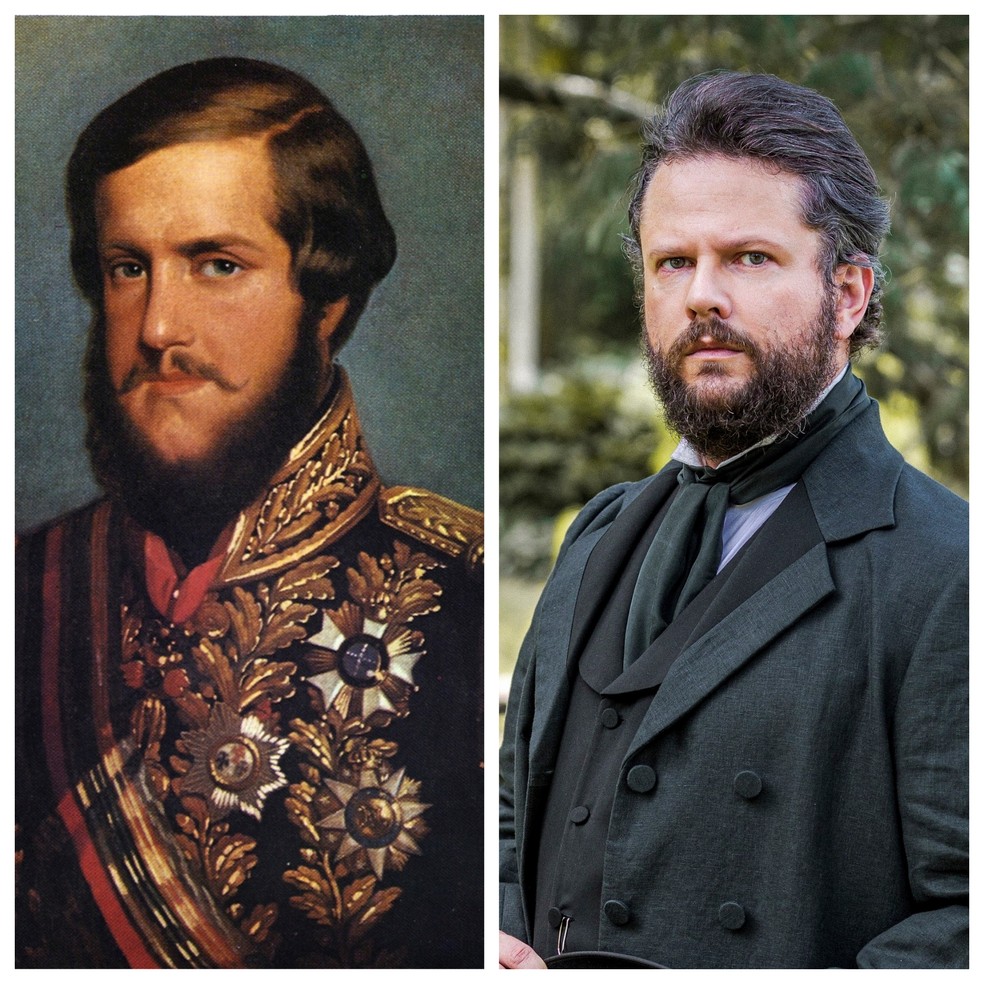 Dom Pedro II nas versões real e da ficção. Em Nos Tempos do Imperador, o monarca será vivido por Selton Mello —(Foto: Arquivo e TV Globo/Paulo Belotte)