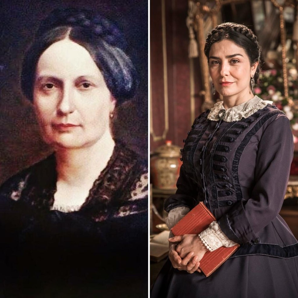 A imperatriz Teresa Cristina real e na ficção, que será interpretada por Leticia Sabatella em Nos Tempos do Imperador — Foto: Arquivo/Globo/Paulo Belote