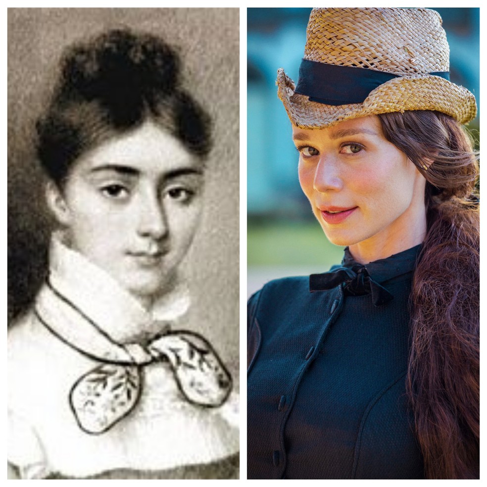 A Condessa de Barral verdadeira e da ficção, interpretada por Mariana Ximenes, em 'Nos Tempos do Imperador' — Foto: Arquivo e TV Globo/João Miguel Jr.