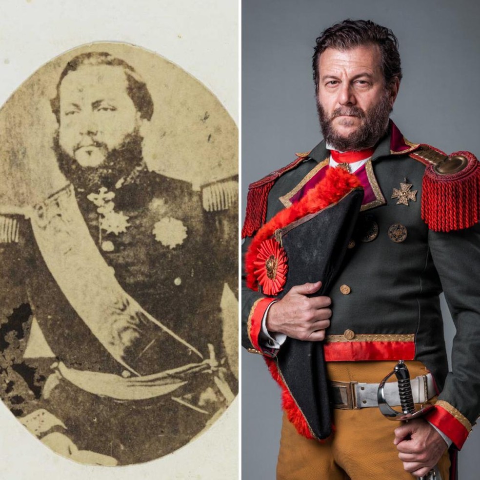 O ditador Solano López real e na ficção, que será vivido por Roberto Birindelli em 'Nos Tempos do Imperador' — Foto: Reprodução/Globo/Paulo Belote