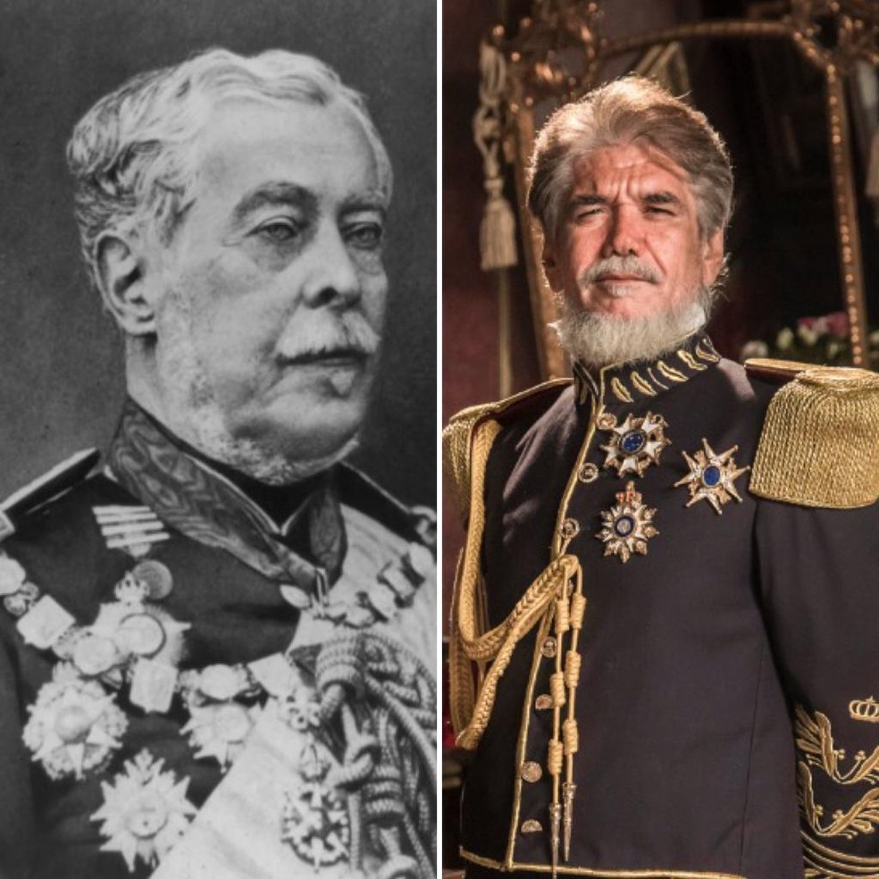 O Marquês de Caxias real e na ficção, que será interpretado por Jackson Antunes em 'Nos Tempos do Imperador' — Foto: Reprodução/Globo/João Miguel Júnior