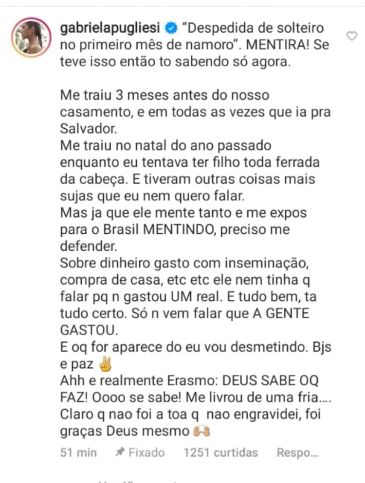 Gabriela Pugliesi decidiu botar a boca no trombone e contou sobre todas as traíções do ex-marido, Erasmo Viano. Confira todos os detalhes.