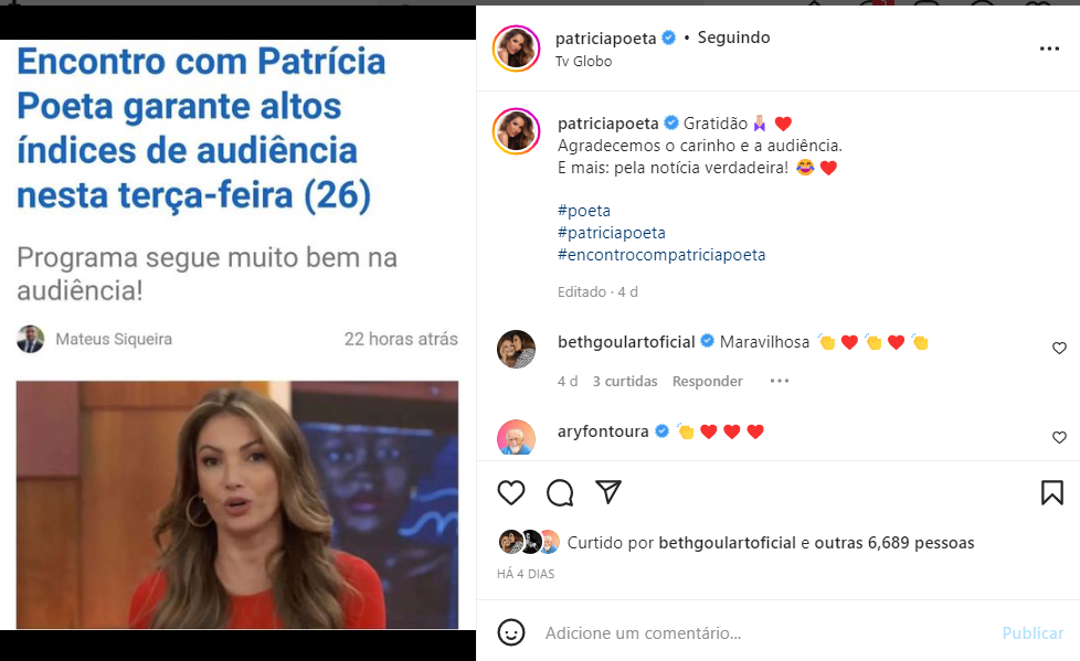 Publicação de Patrícia Poeta causou dor de cabeça em Sonia Abrão, que soltou o verbo (Créditos: Reprodução/Instagram)